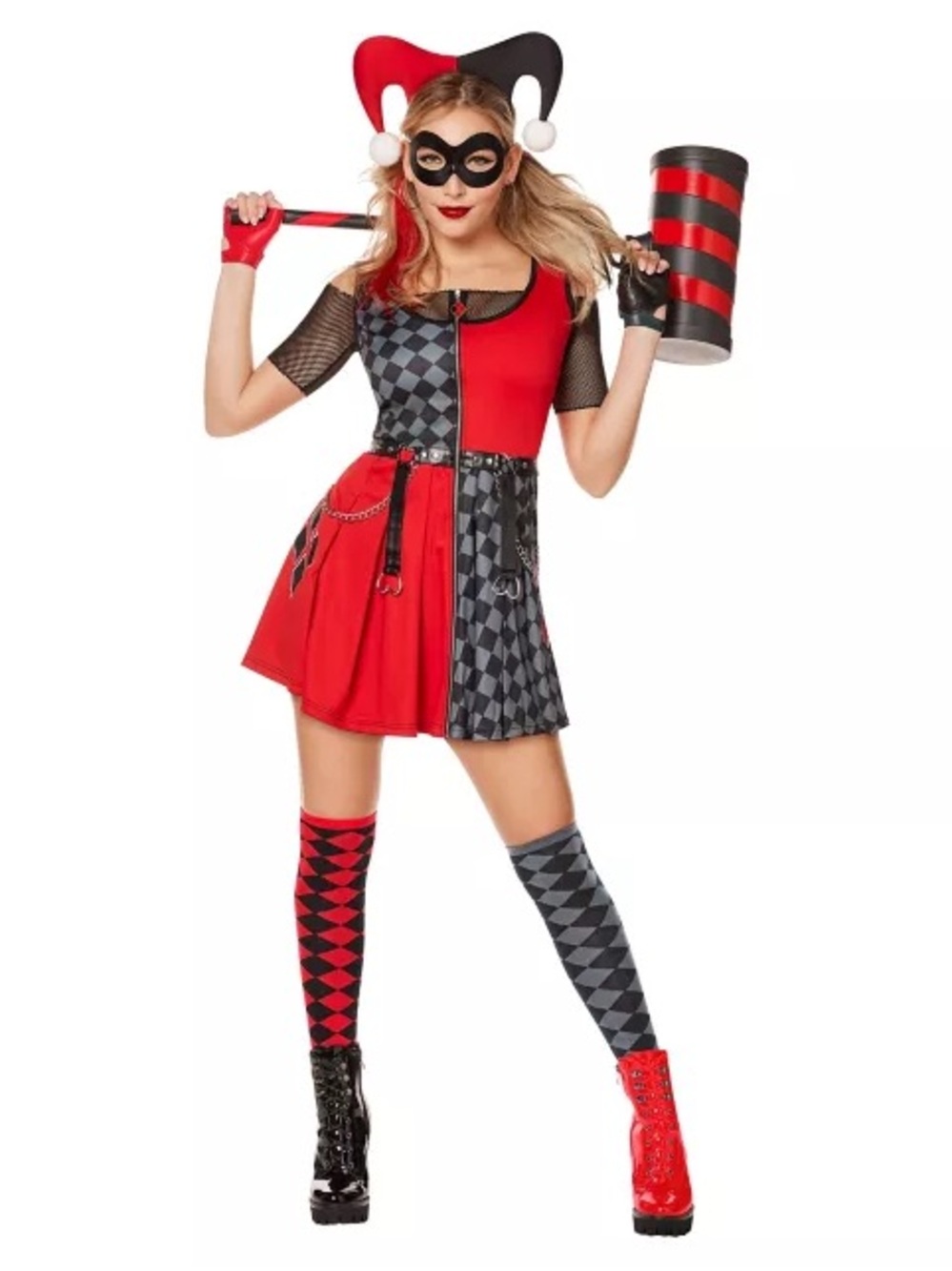 DC Women’s  Red and Black Harlequin Costume Dress with Jester Headpiece